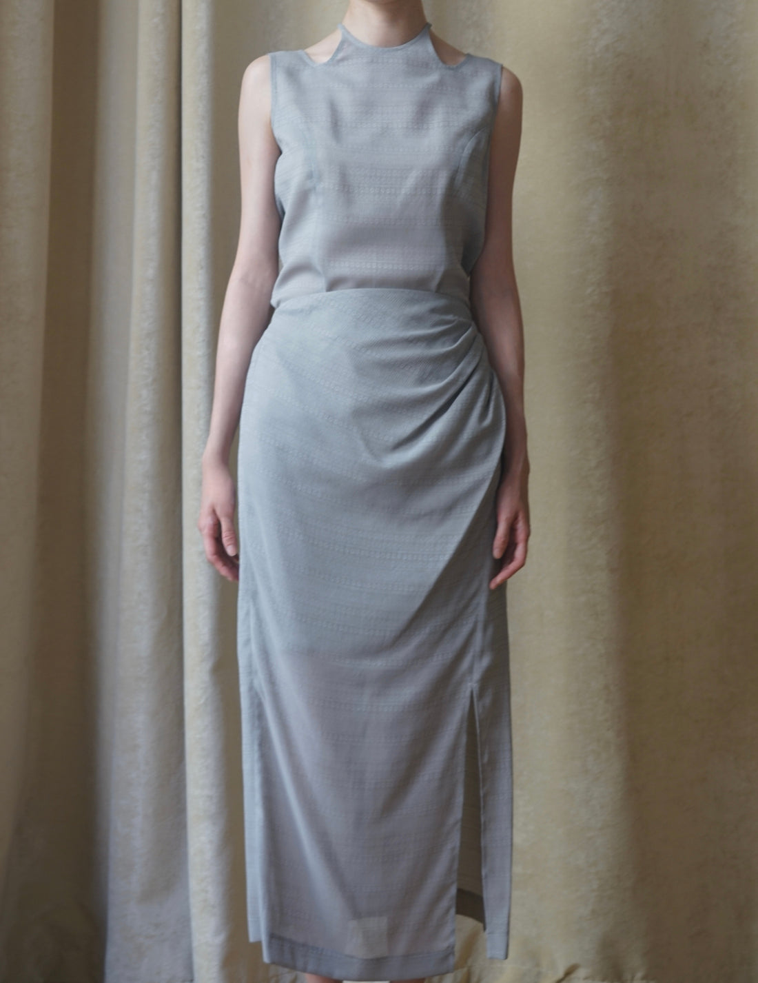 Jupe drapée en jacquard à motif floral « Mishima Karatsu »・Gris 