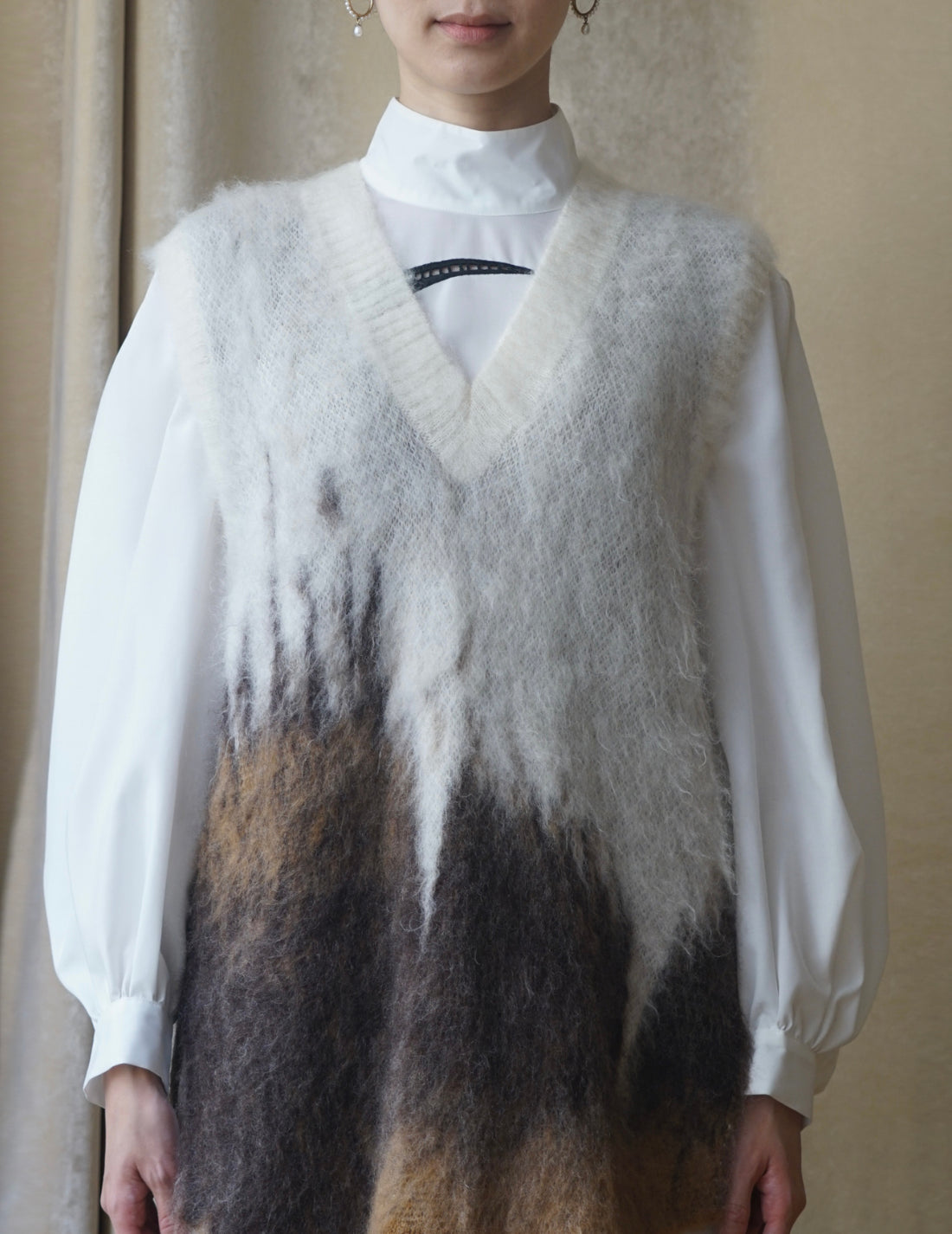 Gilet tricoté en mohair avec motif Drip Glaze・Marron 