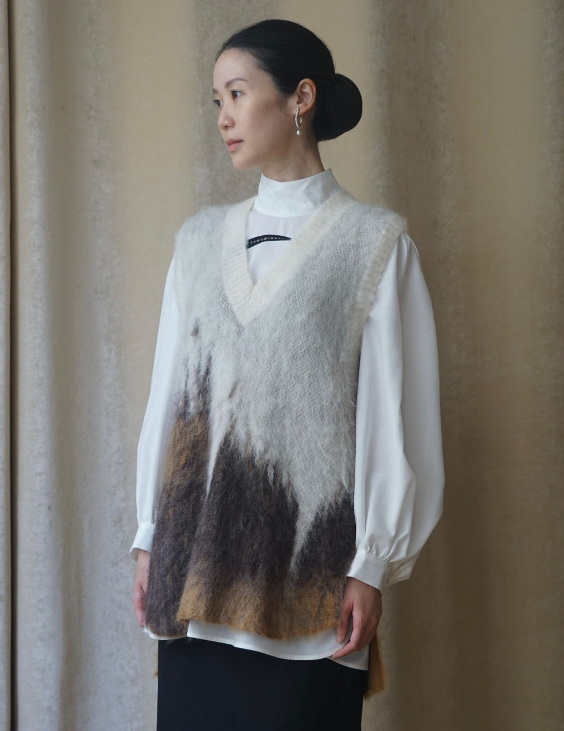 Gilet tricoté en mohair avec motif Drip Glaze・Marron 