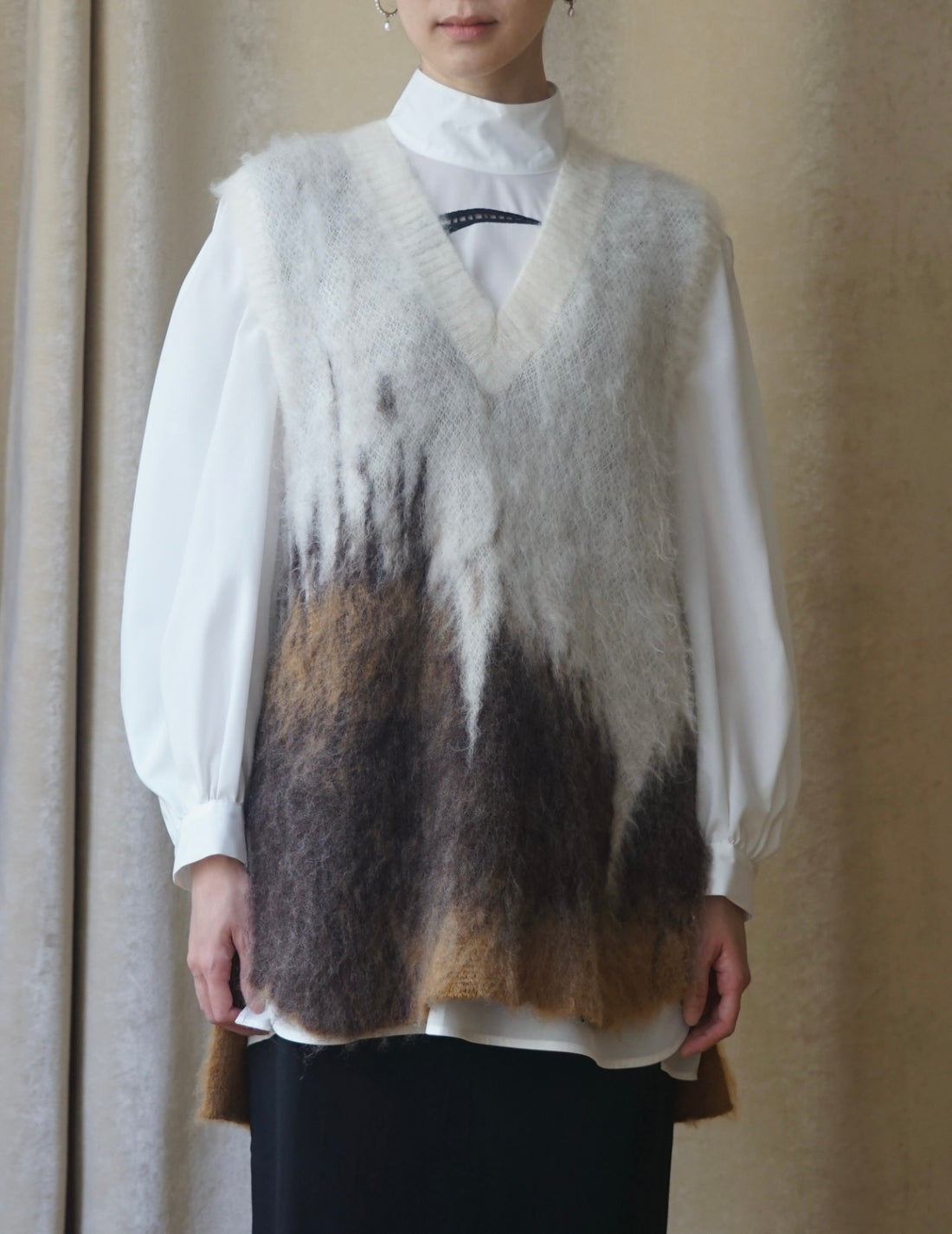 Gilet tricoté en mohair avec motif Drip Glaze・Marron 