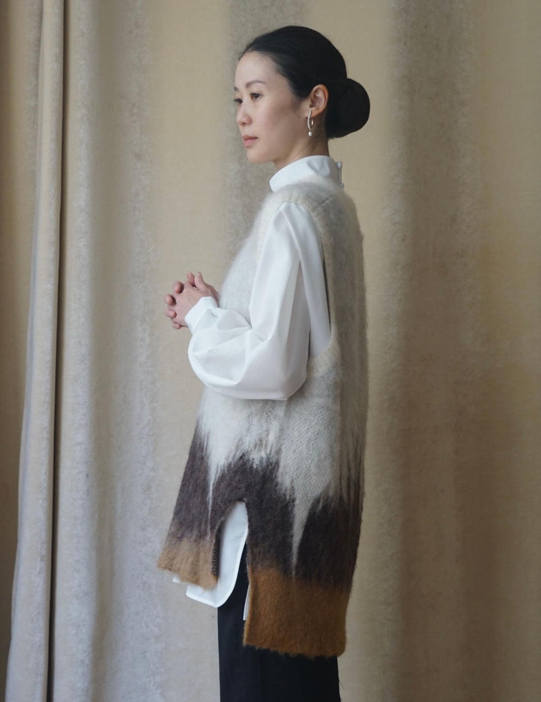 Gilet tricoté en mohair avec motif Drip Glaze・Marron 