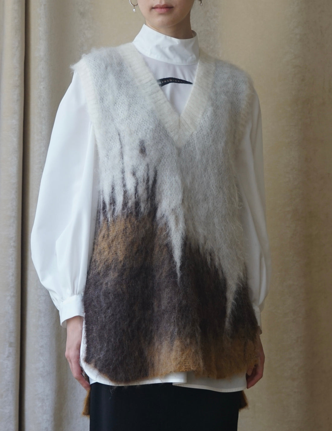 Gilet tricoté en mohair avec motif Drip Glaze・Marron 