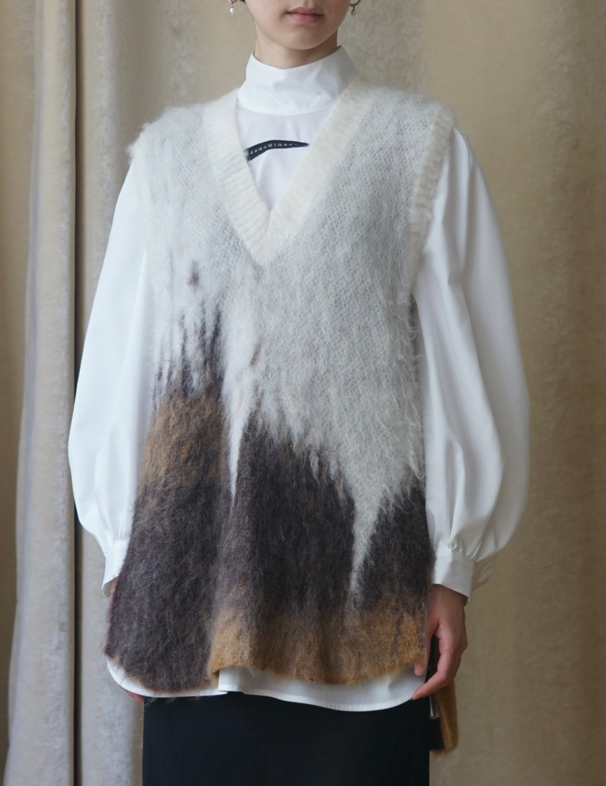 Gilet tricoté en mohair avec motif Drip Glaze・Marron 