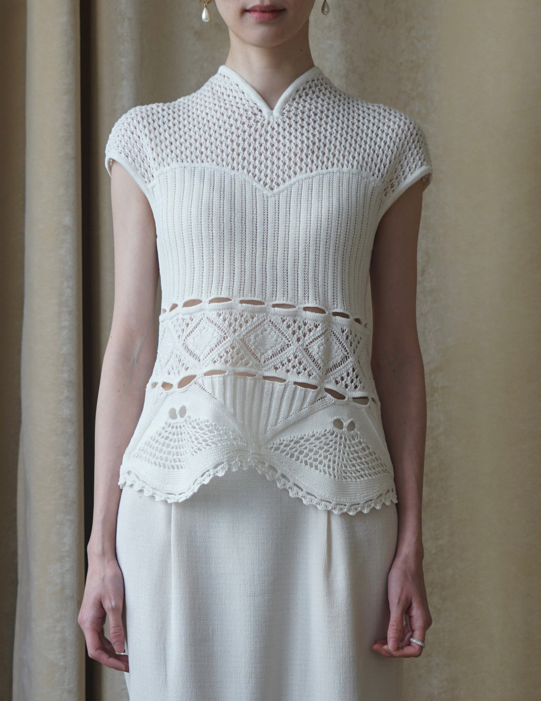 Haut tricoté sans manches en dentelle de coton・Blanc