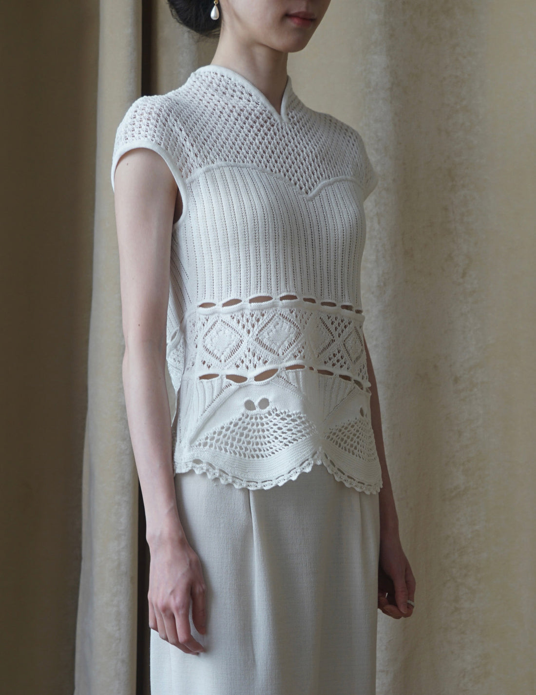 Haut tricoté sans manches en dentelle de coton・Blanc