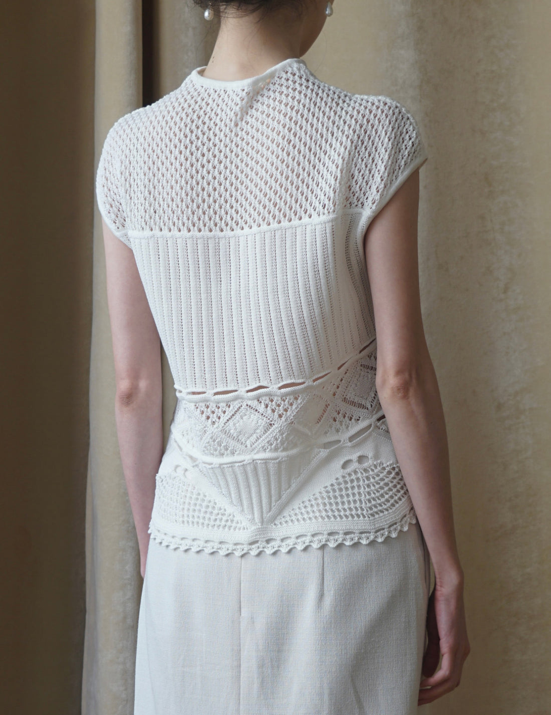 Haut tricoté sans manches en dentelle de coton・Blanc