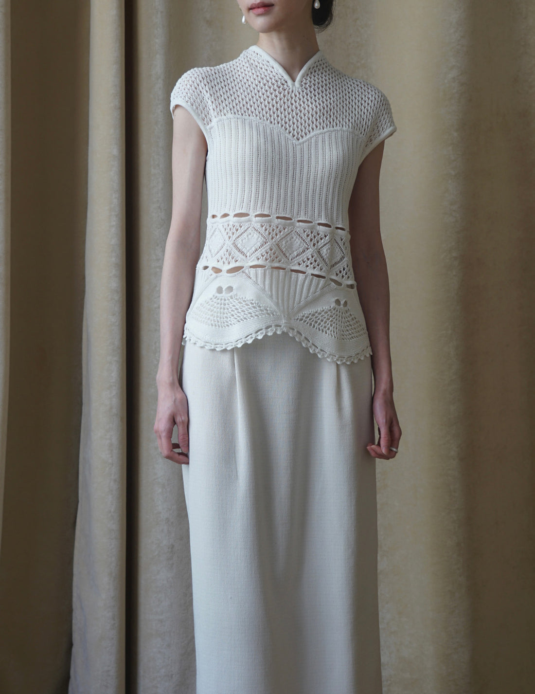 Haut tricoté sans manches en dentelle de coton・Blanc