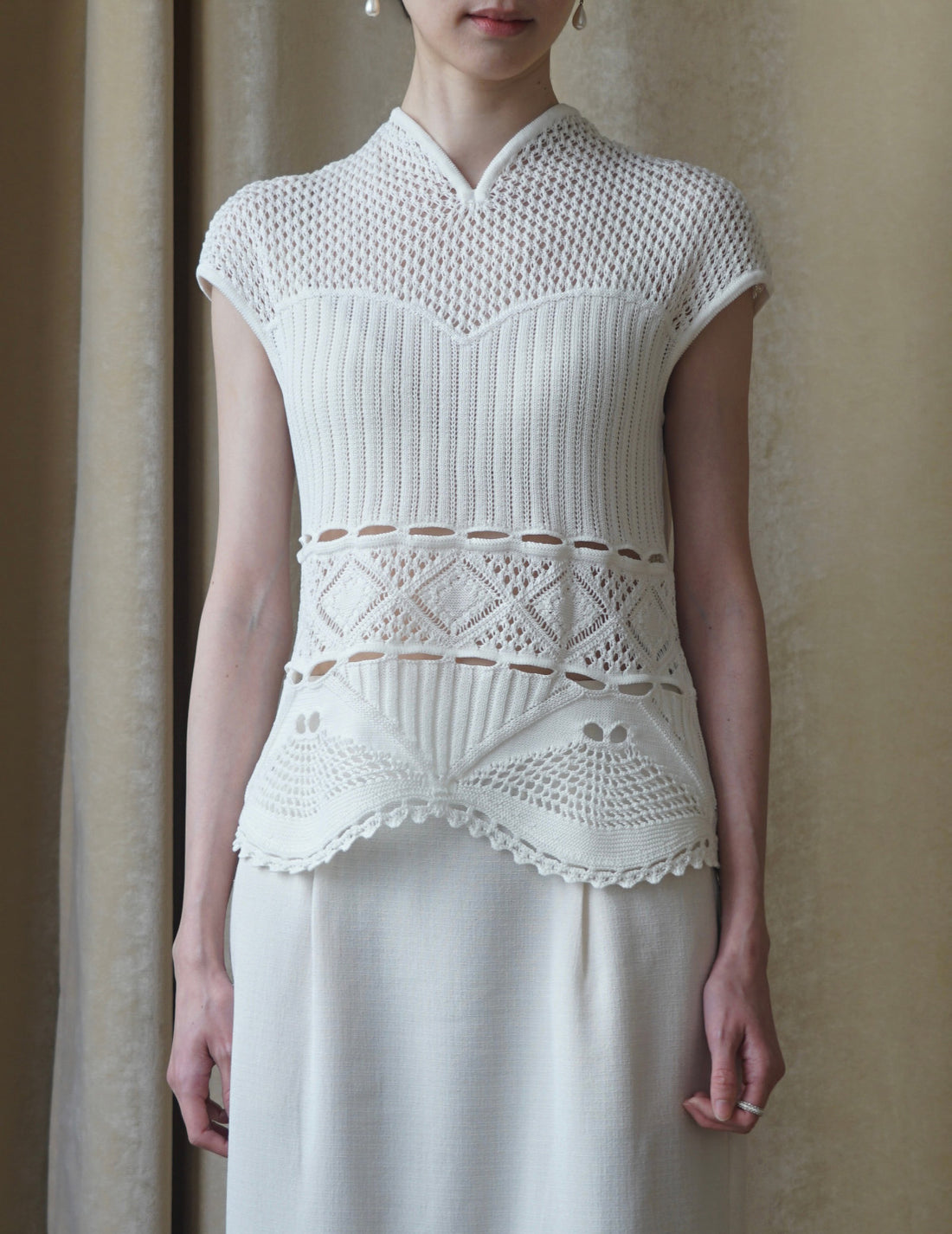 Haut tricoté sans manches en dentelle de coton・Blanc