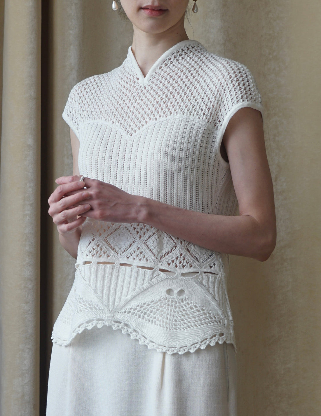 Haut tricoté sans manches en dentelle de coton・Blanc