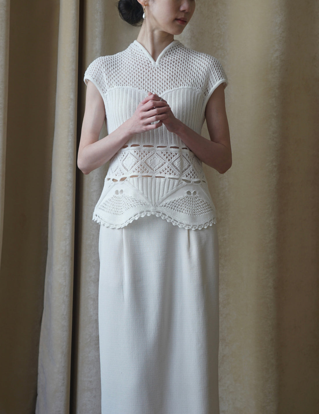 Haut tricoté sans manches en dentelle de coton・Blanc