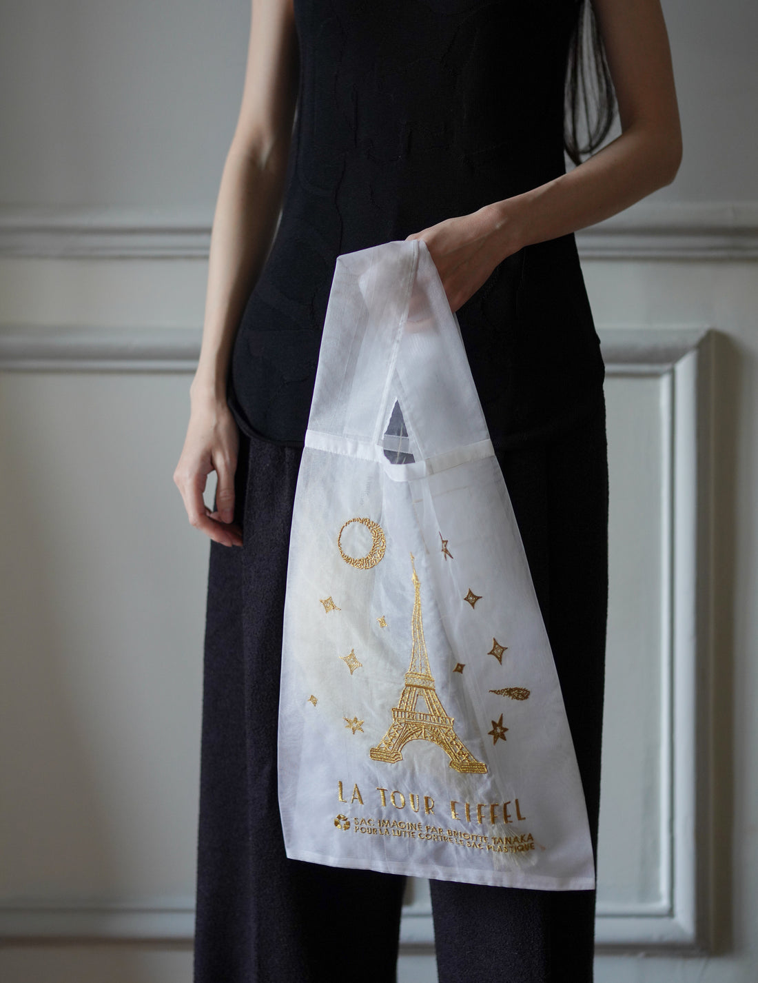 Brigitte Tanaka | Paris Eiffel Tower Embroidered Organza Bag White ・ Large