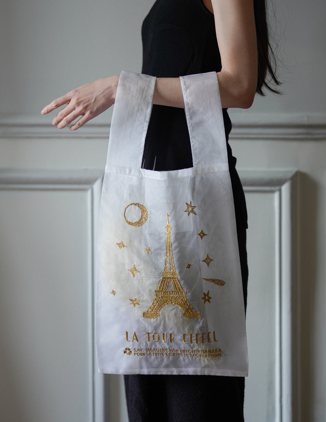 Brigitte Tanaka | Paris Eiffel Tower Embroidered Organza Bag White ・ Large