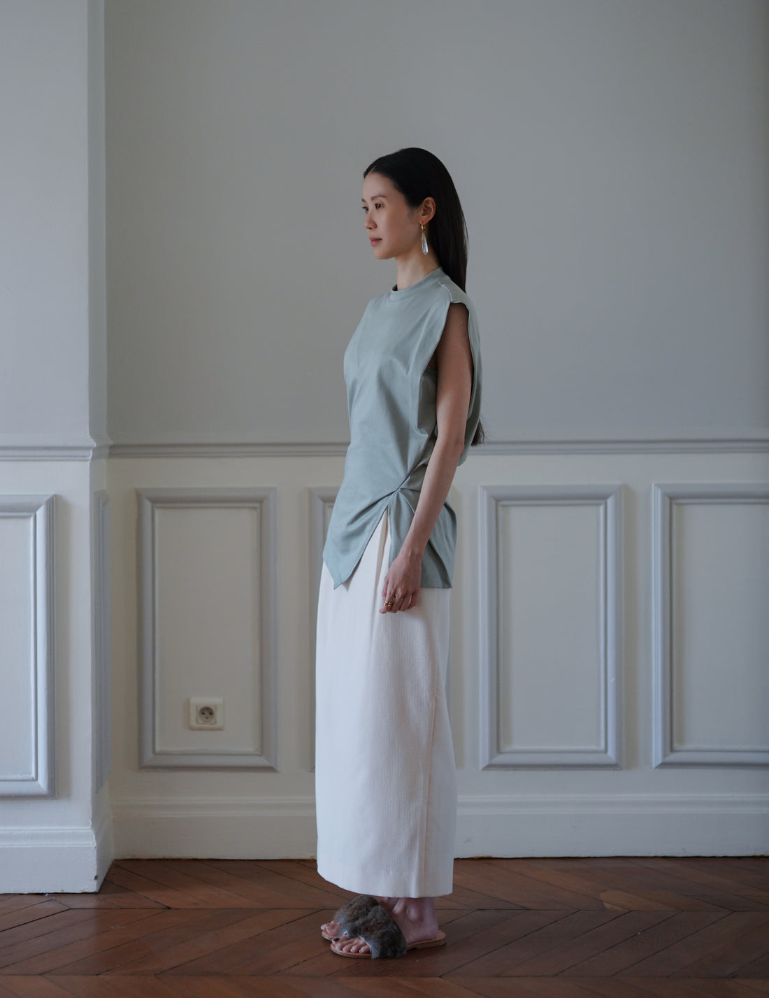 Cotton Jersey Asymmetric Sleeveless Top - Grey