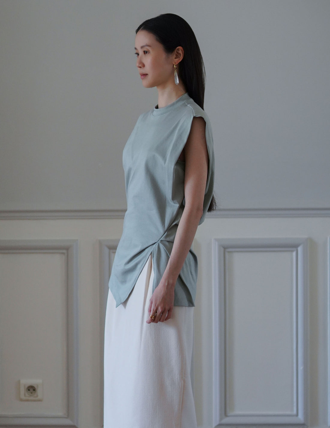 Cotton Jersey Asymmetric Sleeveless Top - Grey