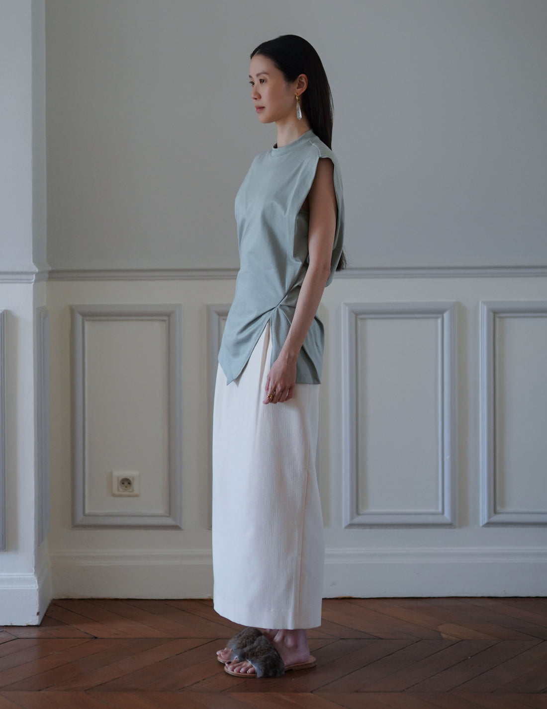 Cotton Jersey Asymmetric Sleeveless Top - Grey