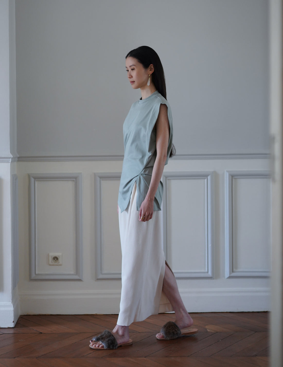 Cotton Jersey Asymmetric Sleeveless Top - Grey