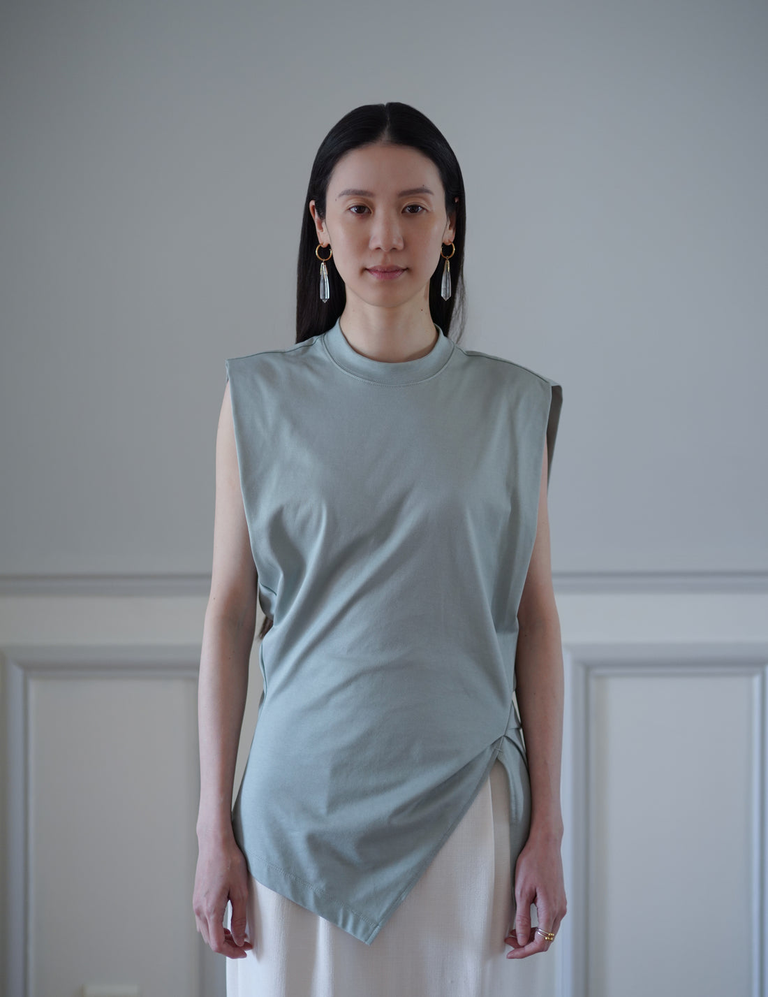 Cotton Jersey Asymmetric Sleeveless Top - Grey