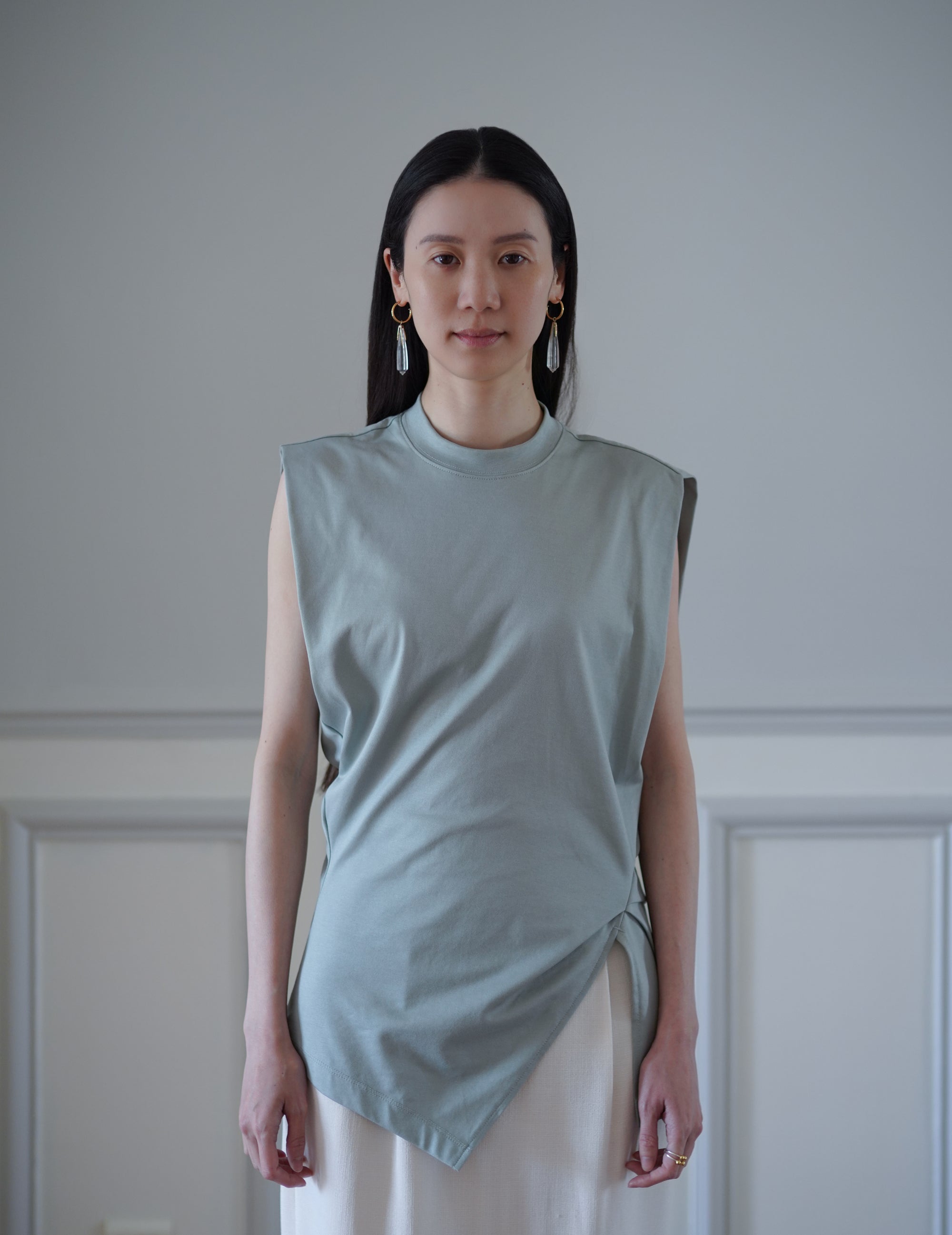 Cotton Jersey Asymmetric Sleeveless Top - Grey