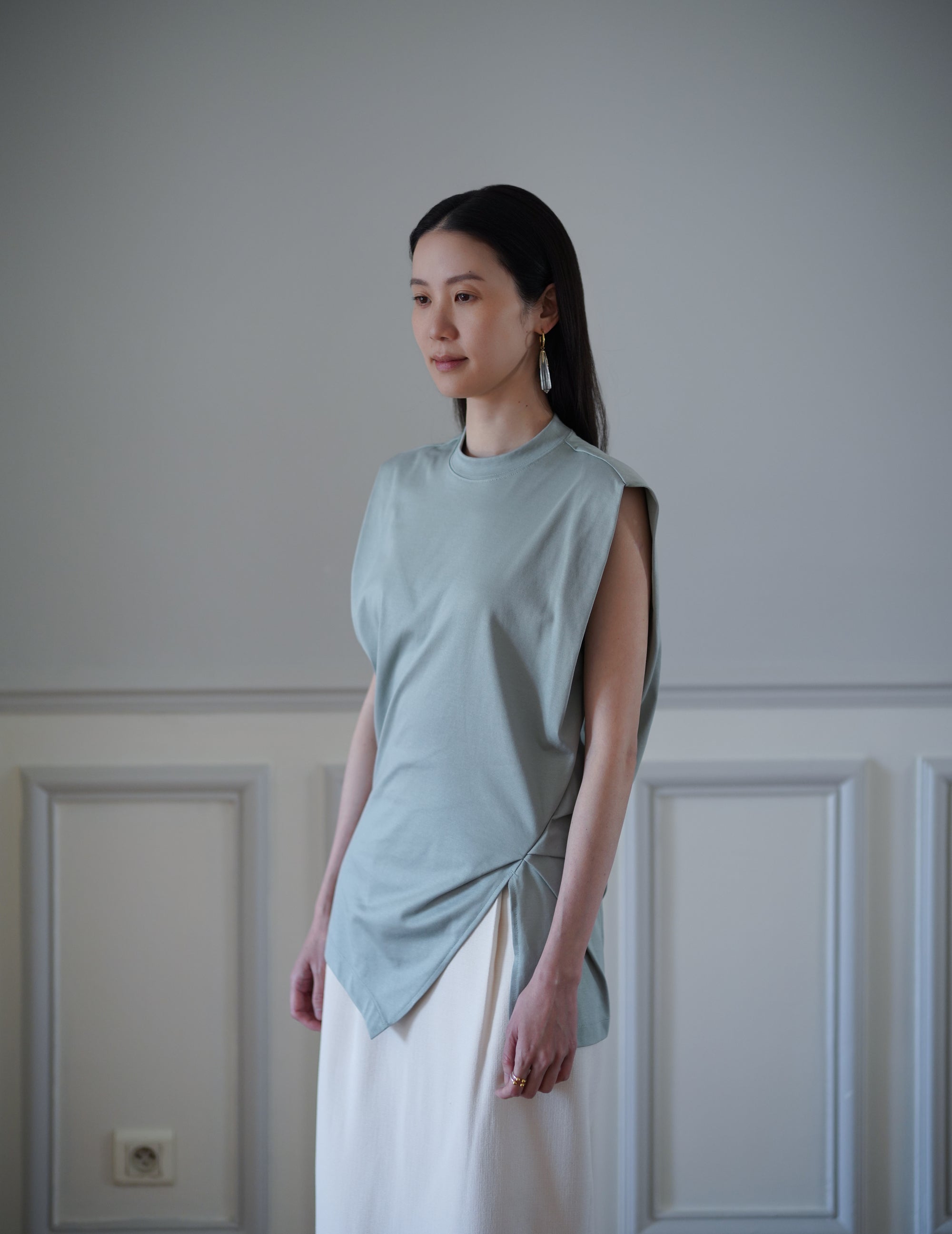 Cotton Jersey Asymmetric Sleeveless Top - Grey