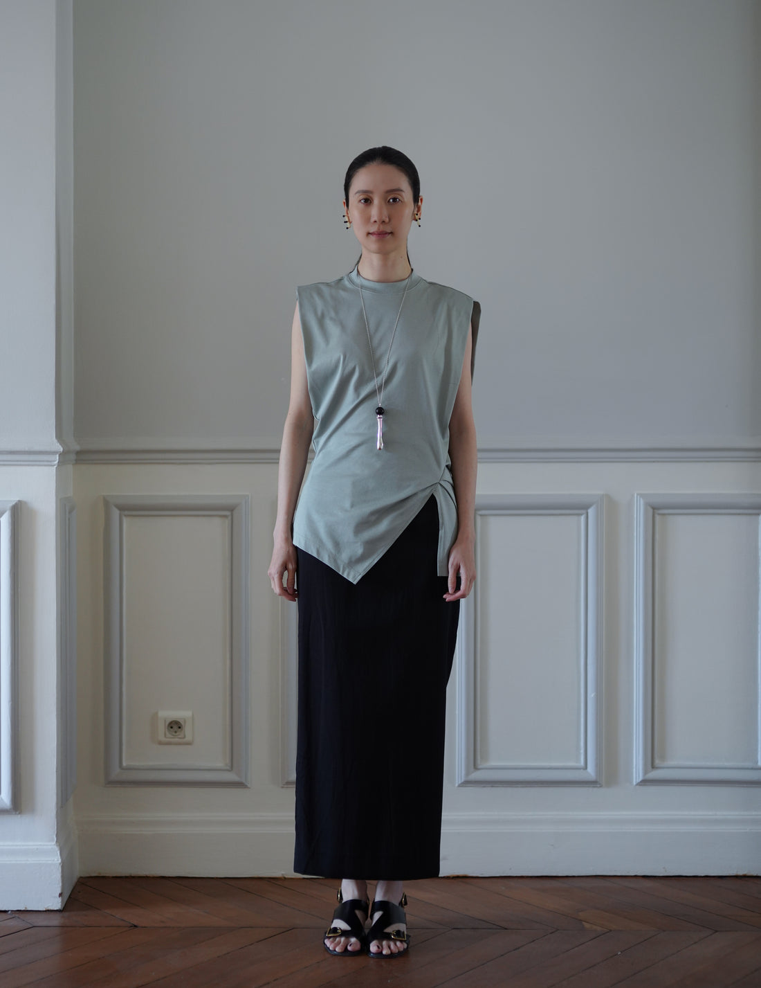 Cotton Jersey Asymmetric Sleeveless Top - Grey