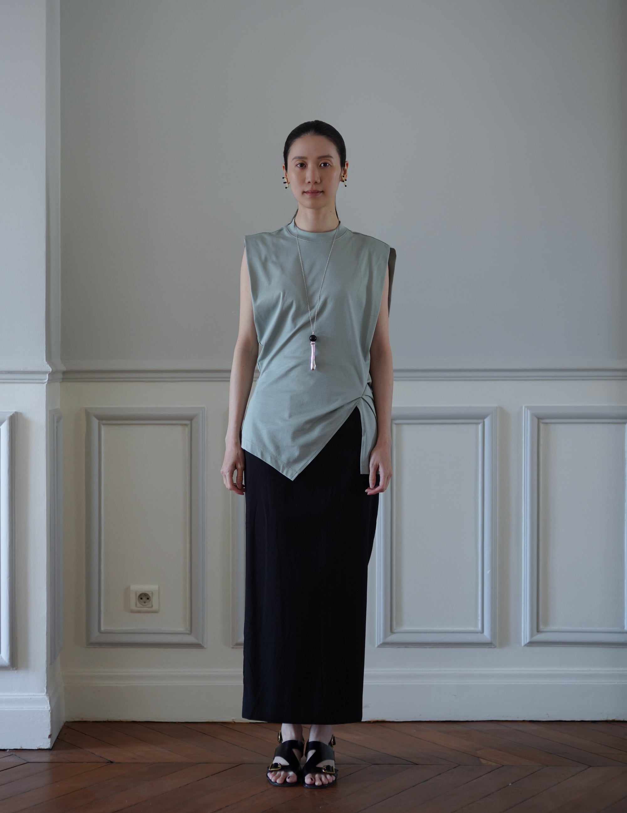 Cotton Jersey Asymmetric Sleeveless Top - Grey