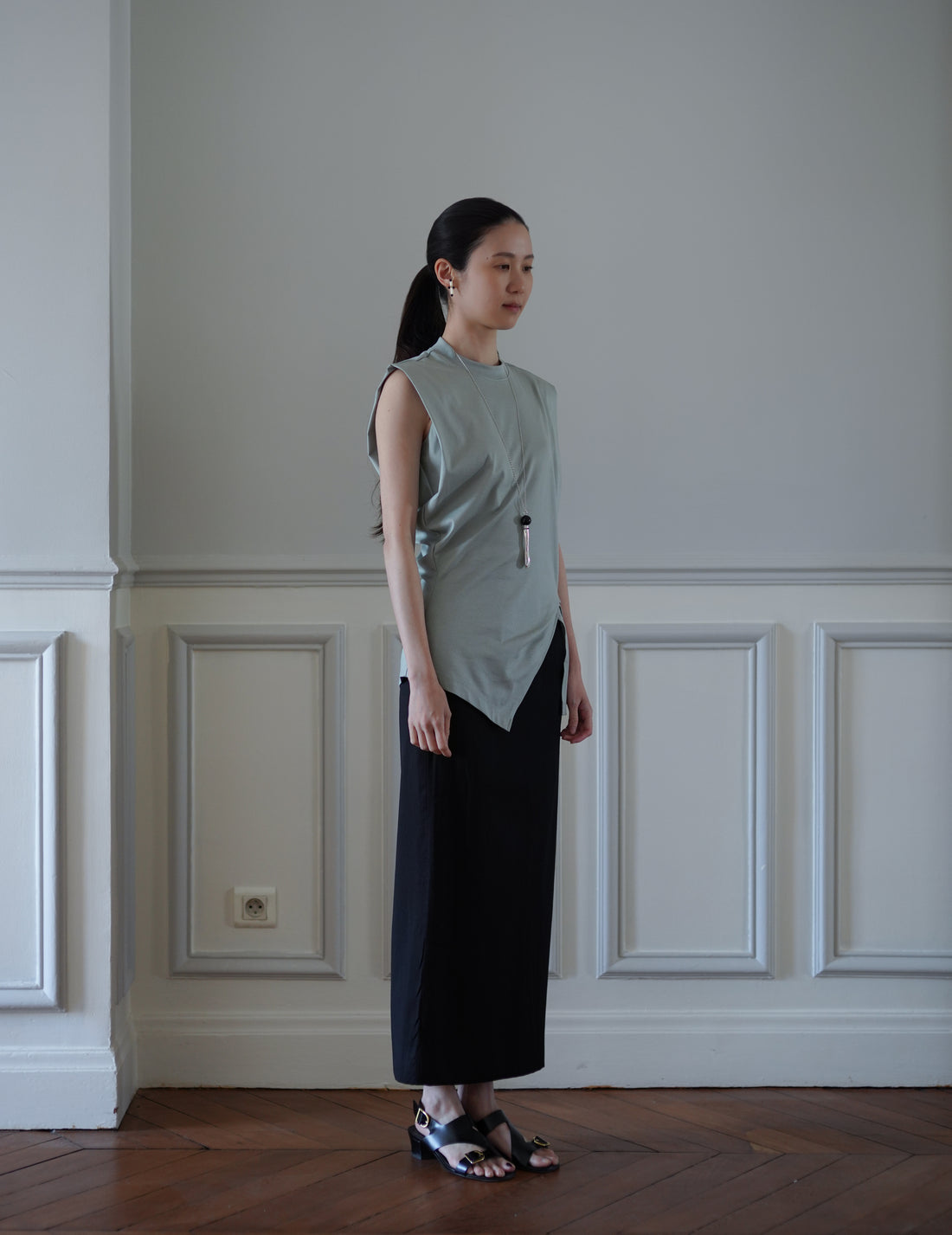 Cotton Jersey Asymmetric Sleeveless Top - Grey