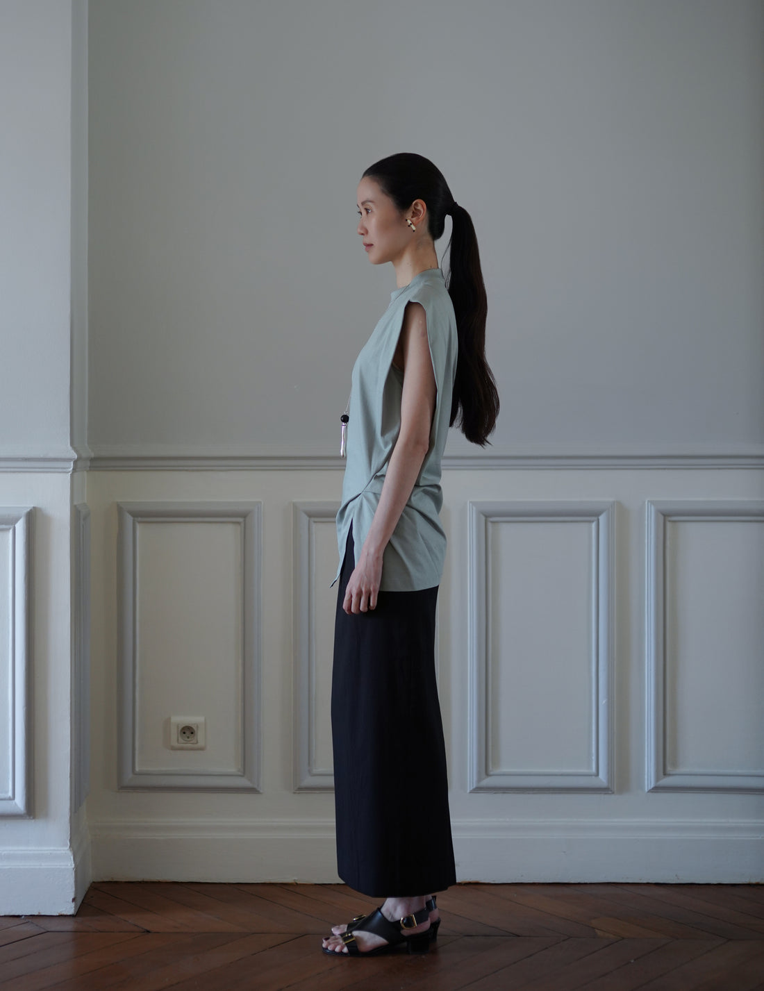 Cotton Jersey Asymmetric Sleeveless Top - Grey