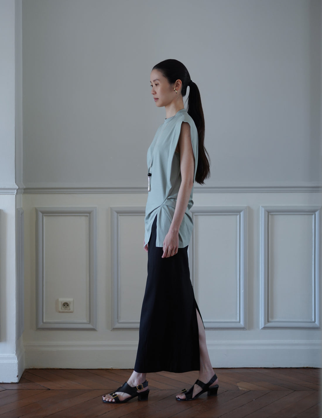 Cotton Jersey Asymmetric Sleeveless Top - Grey