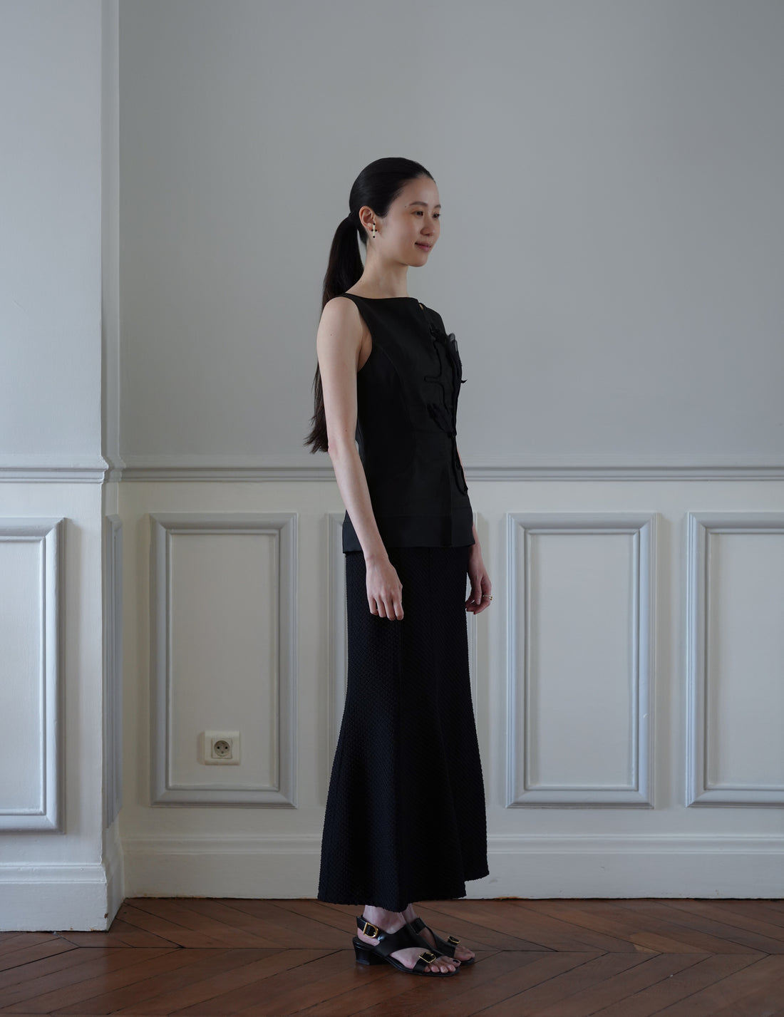 Mame Kurogouchi | Shirring Jersey Jacquard Flare Skirt - Black