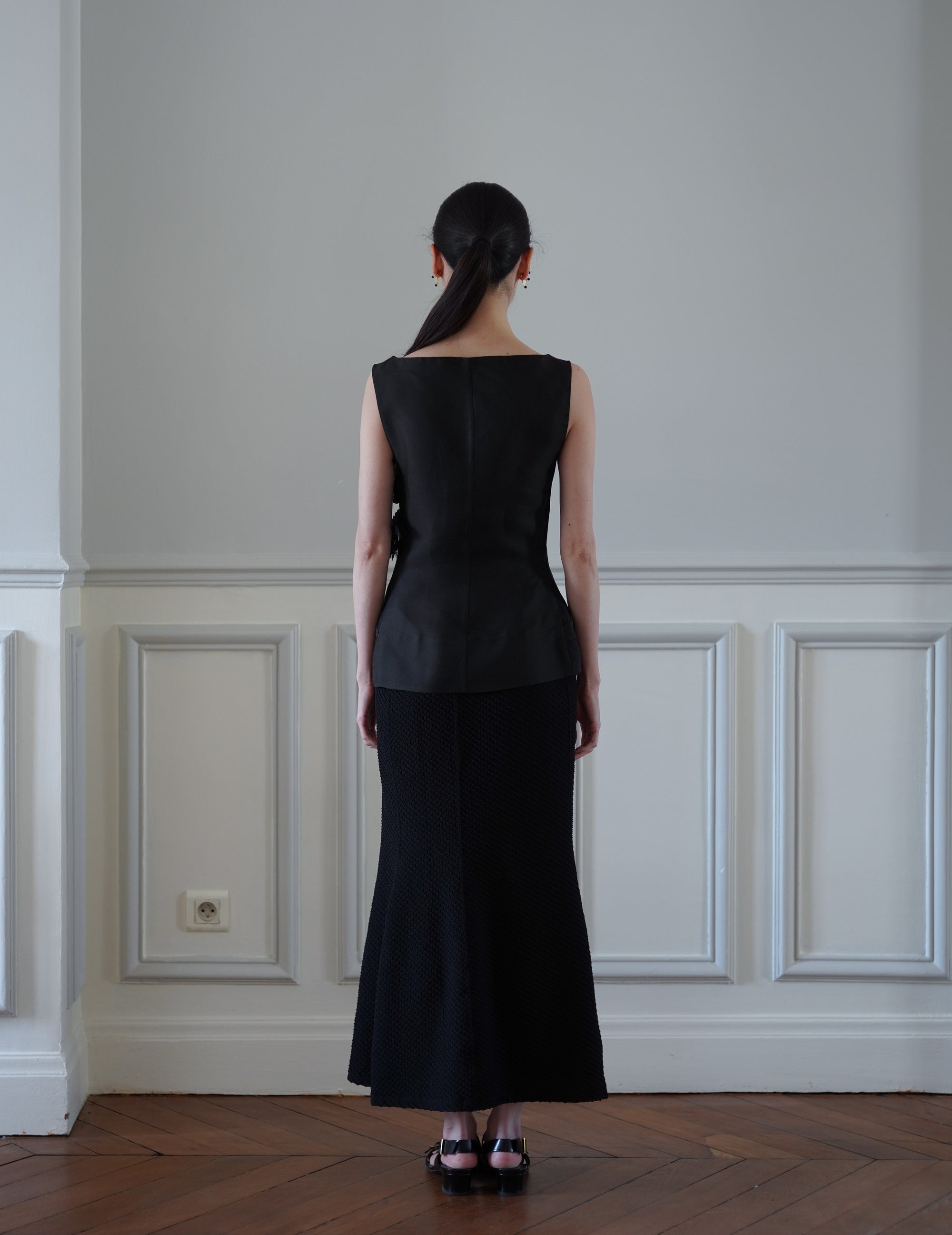 Shirring Jersey Jacquard Flare Skirt - Black