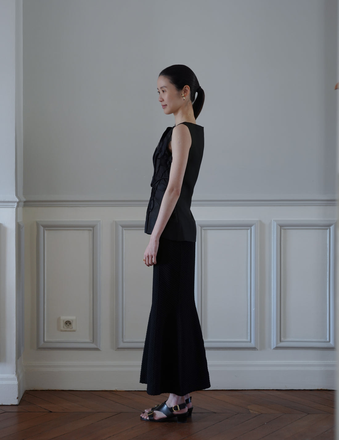 Mame Kurogouchi | Shirring Jersey Jacquard Flare Skirt - Black