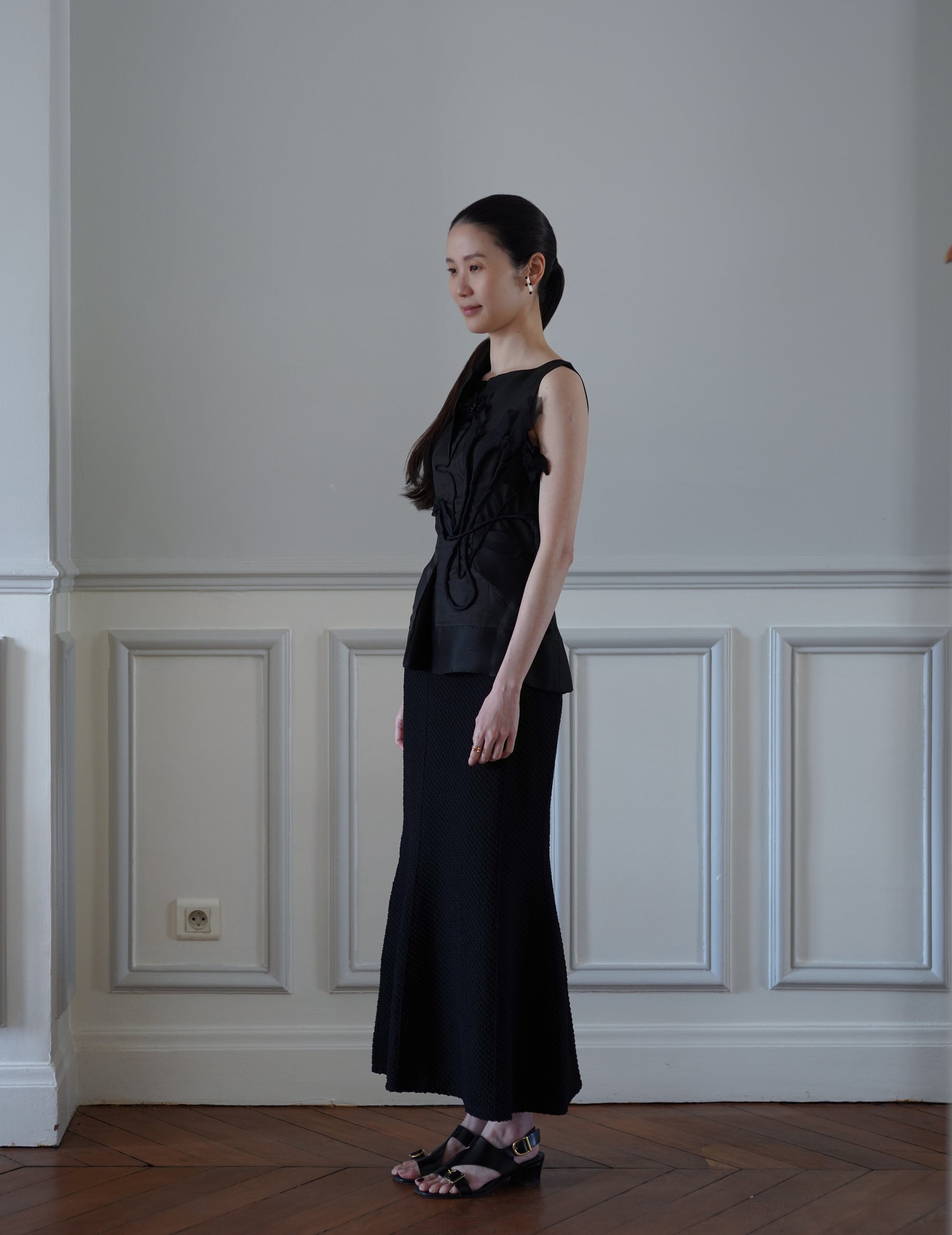 Shirring Jersey Jacquard Flare Skirt - Black