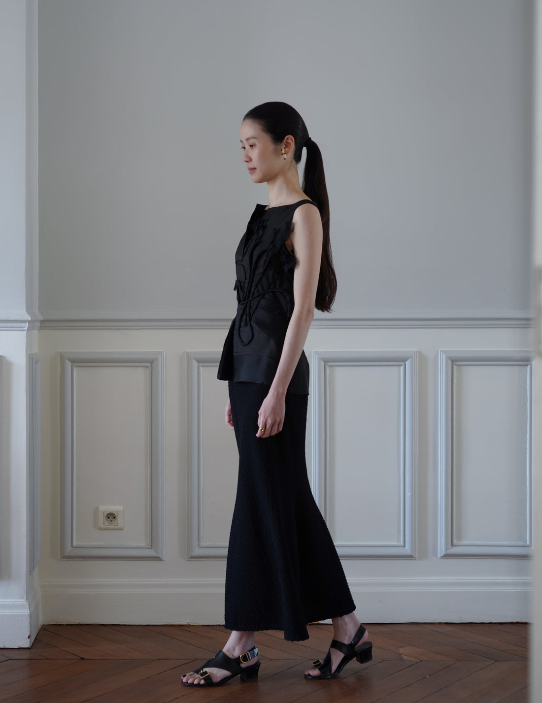 Mame Kurogouchi | Shirring Jersey Jacquard Flare Skirt - Black