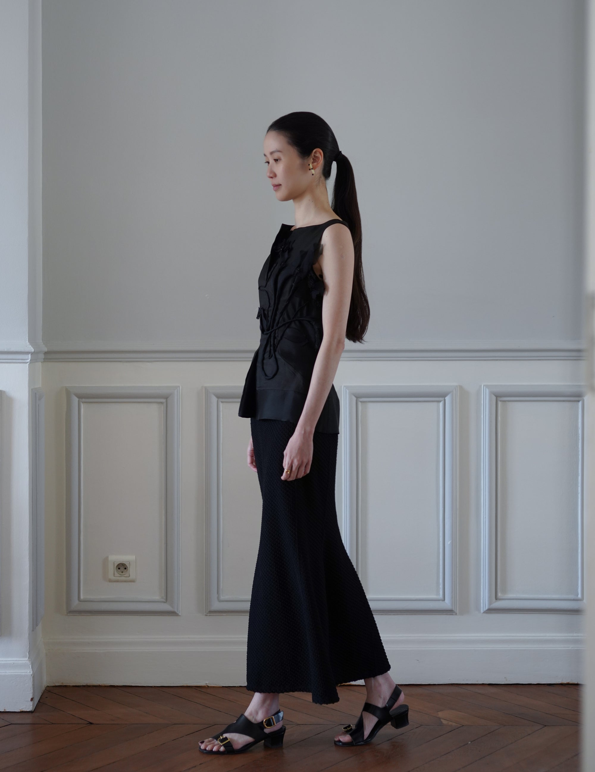 Shirring Jersey Jacquard Flare Skirt - Black