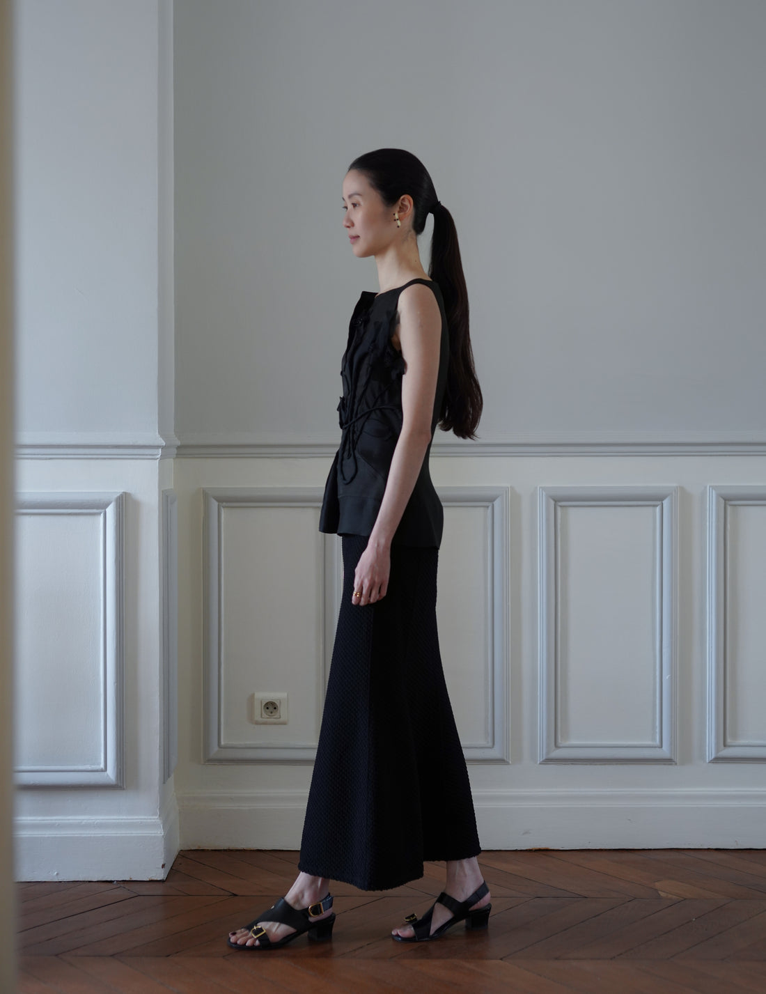 Mame Kurogouchi | Shirring Jersey Jacquard Flare Skirt - Black