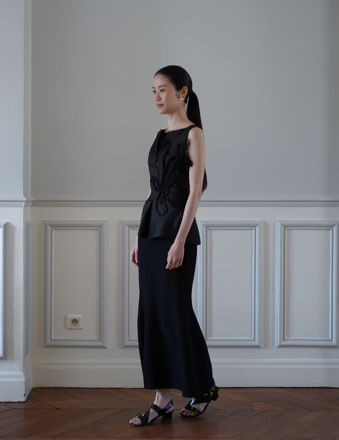 Mame Kurogouchi | Shirring Jersey Jacquard Flare Skirt - Black