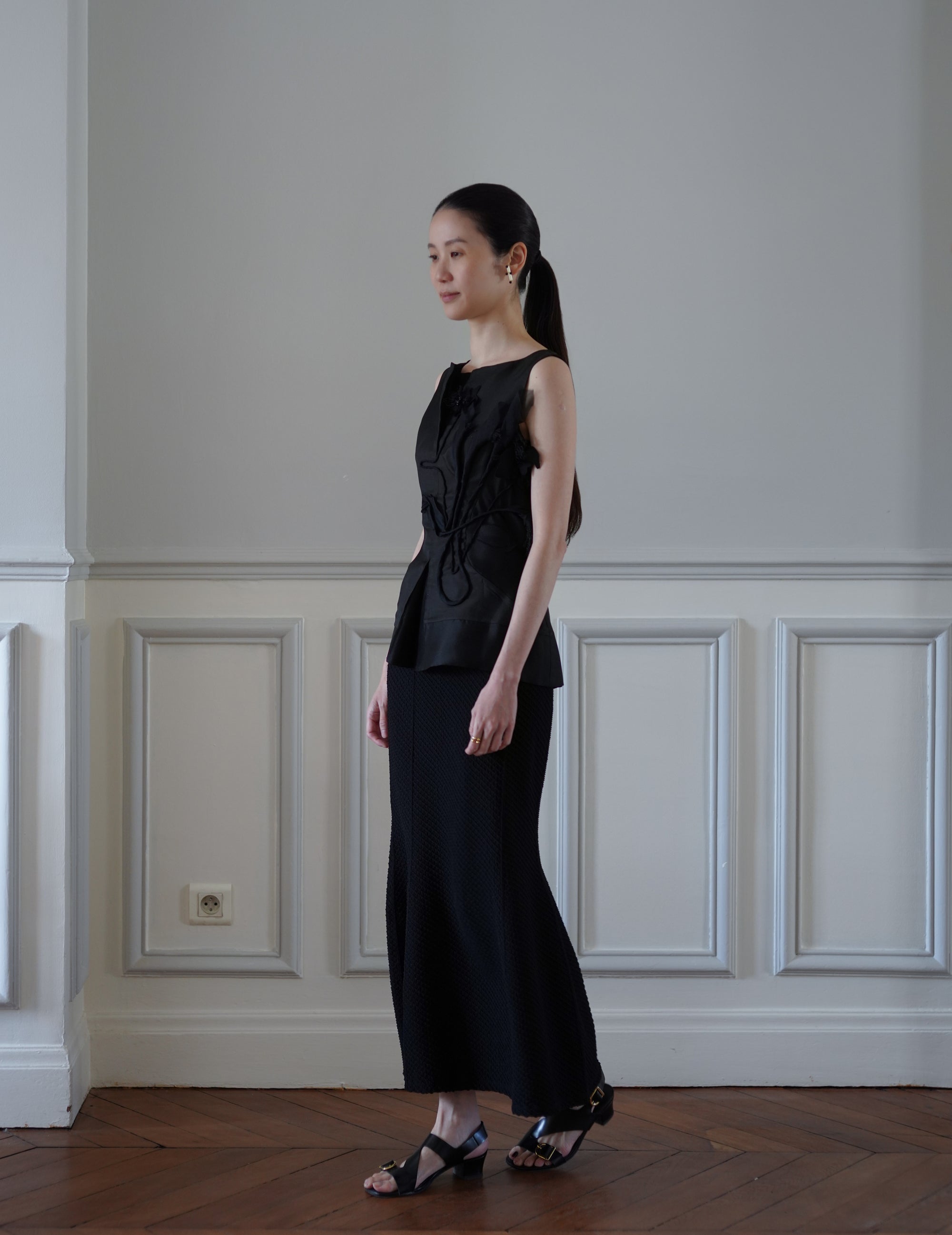 Shirring Jersey Jacquard Flare Skirt - Black