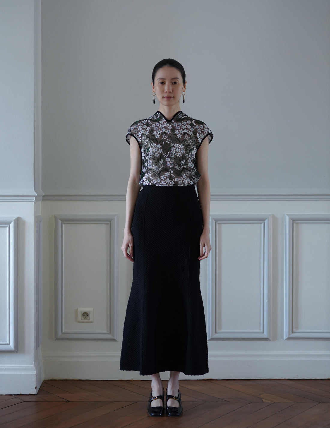 Mame Kurogouchi | Shirring Jersey Jacquard Flare Skirt - Black