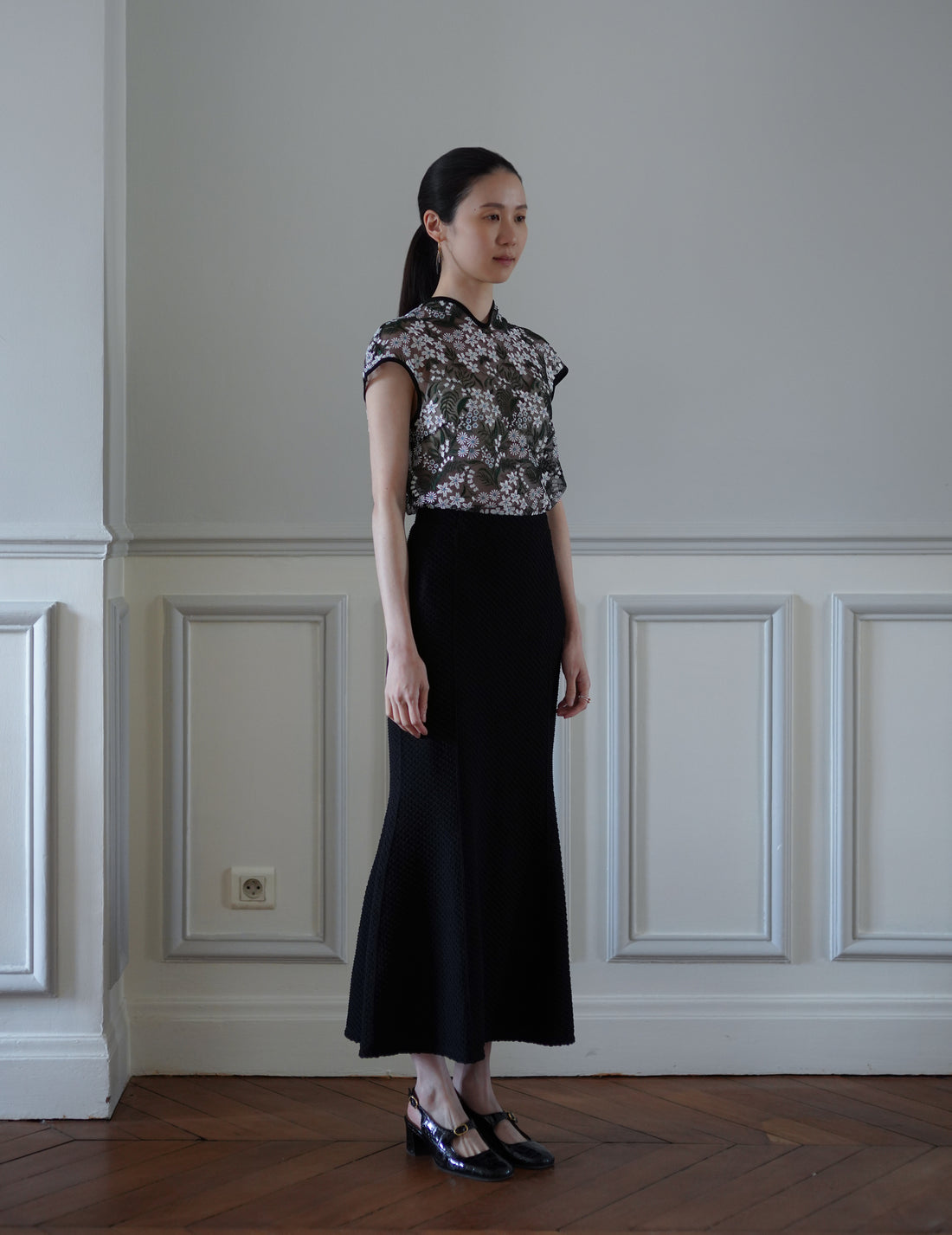 Mame Kurogouchi | Shirring Jersey Jacquard Flare Skirt - Black