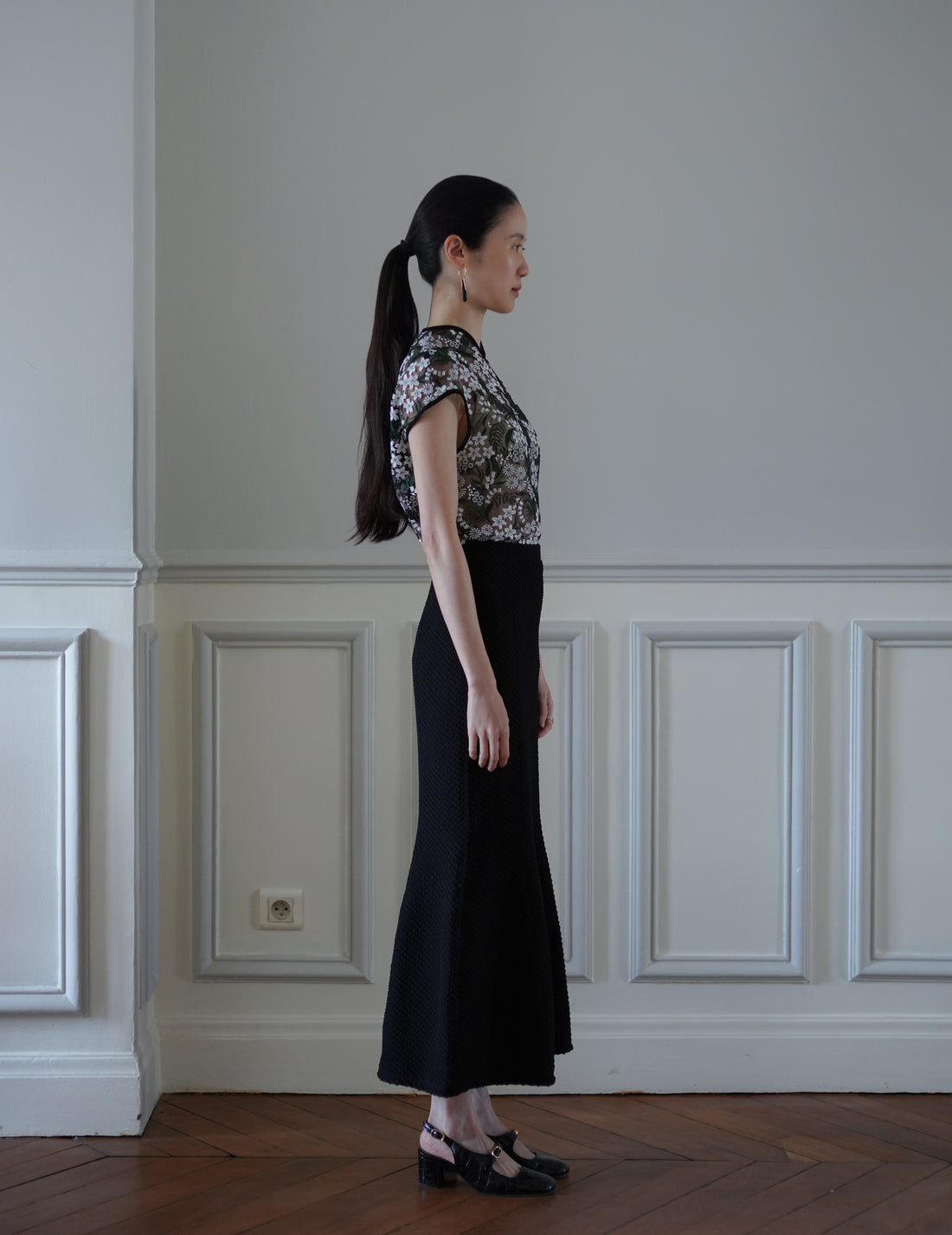 Mame Kurogouchi | Shirring Jersey Jacquard Flare Skirt - Black