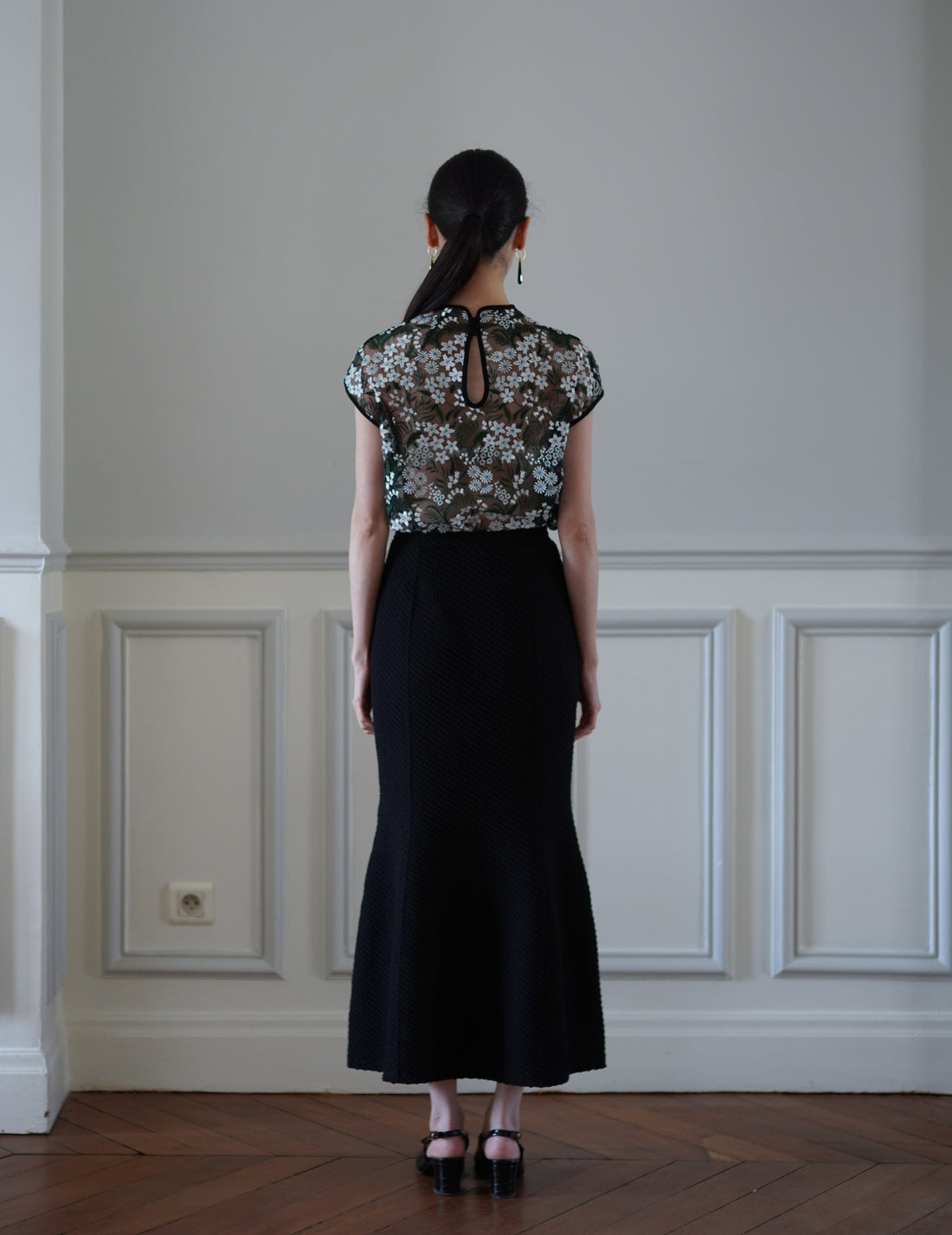 Mame Kurogouchi | Shirring Jersey Jacquard Flare Skirt - Black