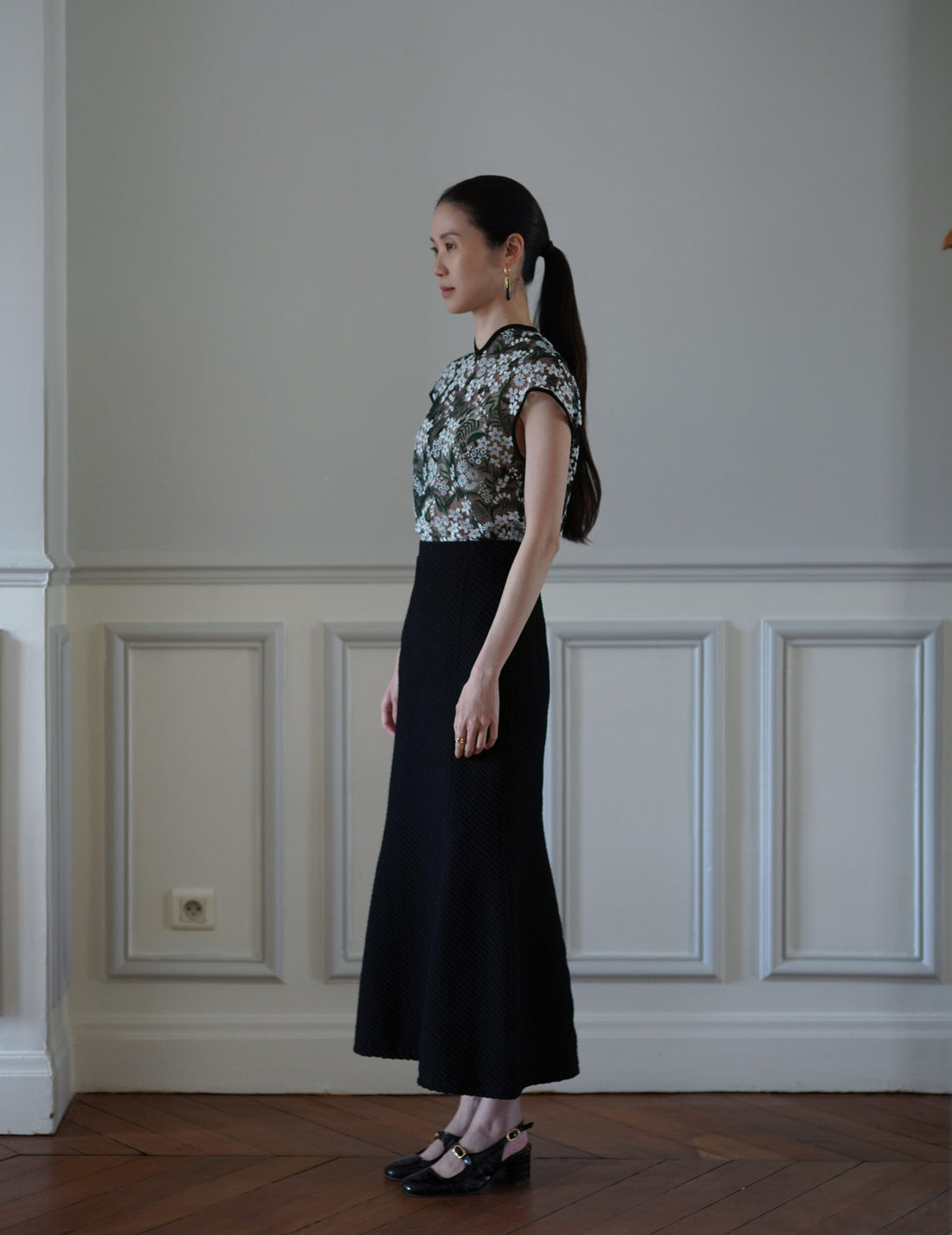 Mame Kurogouchi | Floral Lace French Sleeve Top - Green