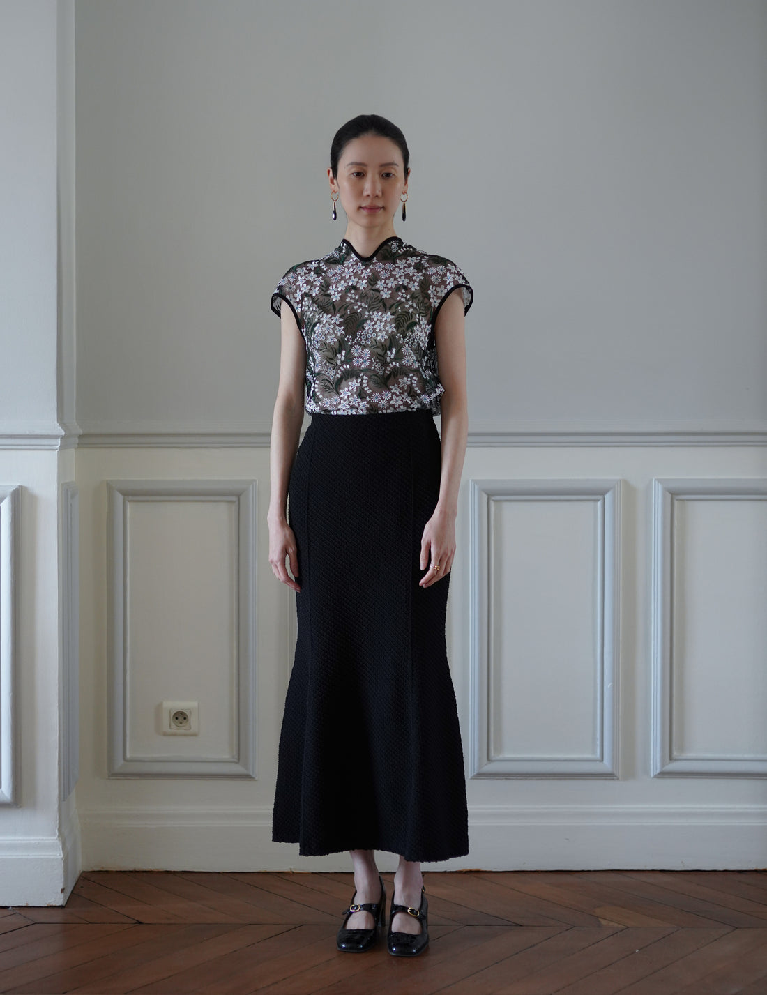 Mame Kurogouchi | Shirring Jersey Jacquard Flare Skirt - Black