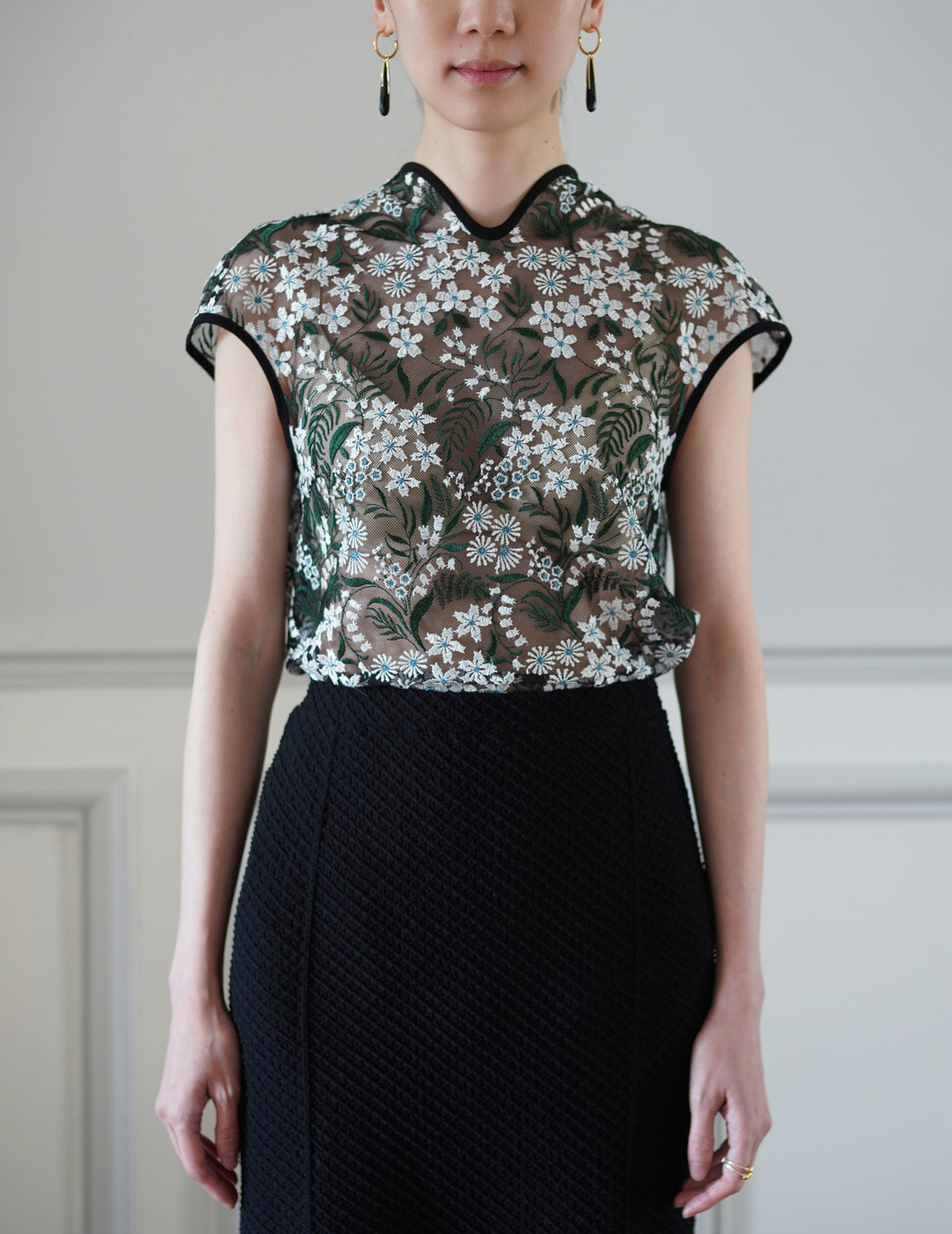 Mame Kurogouchi | Shirring Jersey Jacquard Flare Skirt - Black