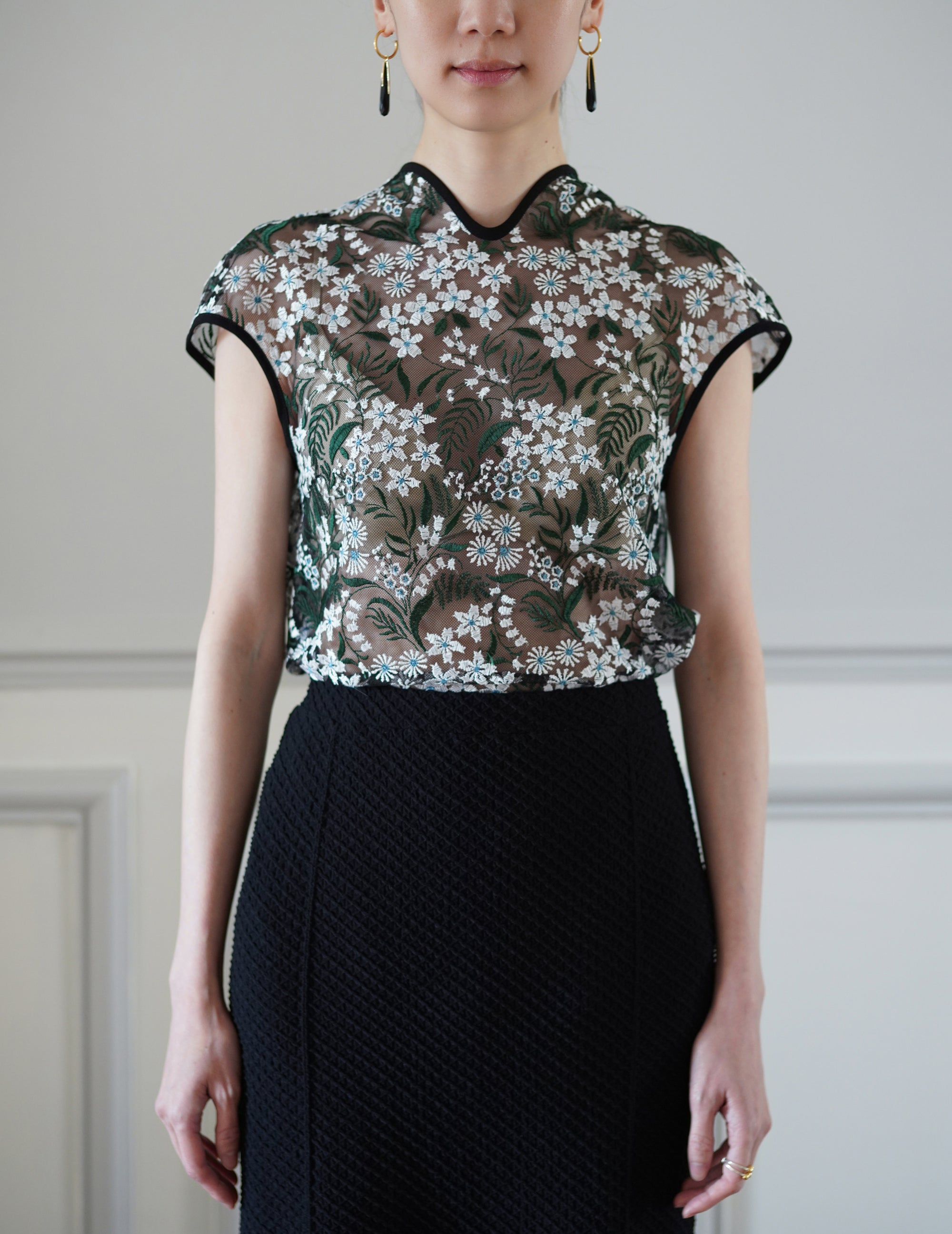 Shirring Jersey Jacquard Flare Skirt - Black