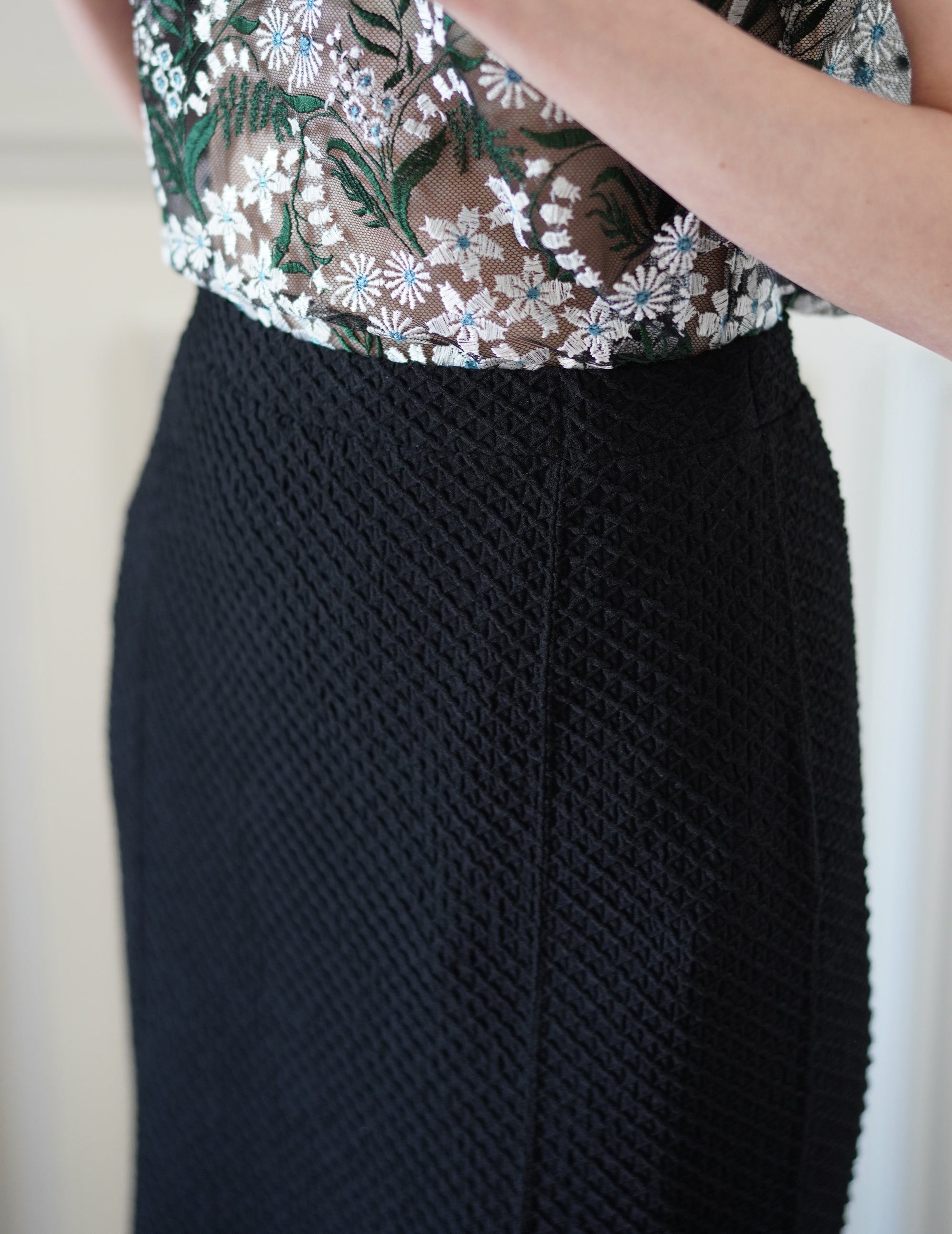 Shirring Jersey Jacquard Flare Skirt - Black