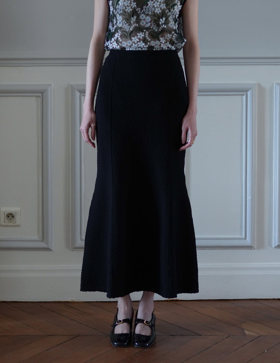 Mame Kurogouchi | Shirring Jersey Jacquard Flare Skirt - Black