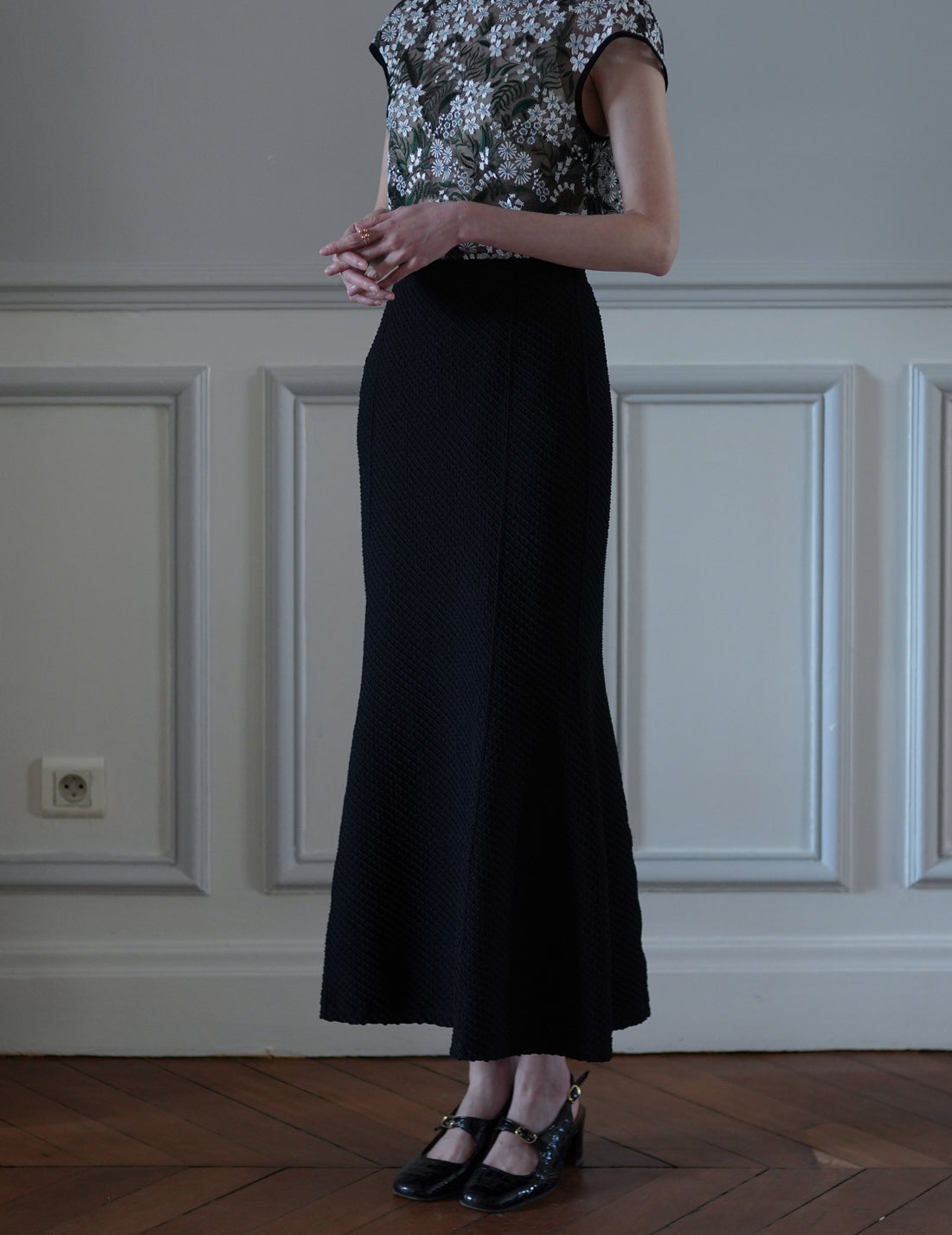 Mame Kurogouchi | Shirring Jersey Jacquard Flare Skirt - Black