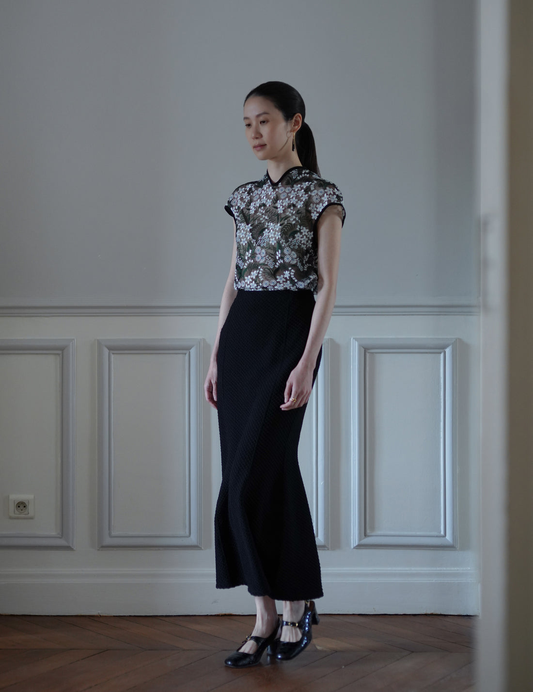 Mame Kurogouchi | Shirring Jersey Jacquard Flare Skirt - Black