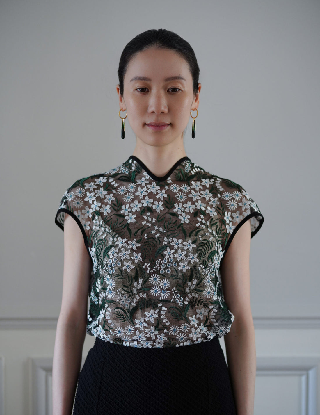 Mame Kurogouchi | Floral Lace French Sleeve Top - Green